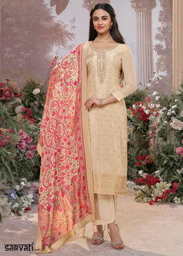 Beige Brown Embroidered Dola Silk Kurta and Pant Set with Jacquard Accents