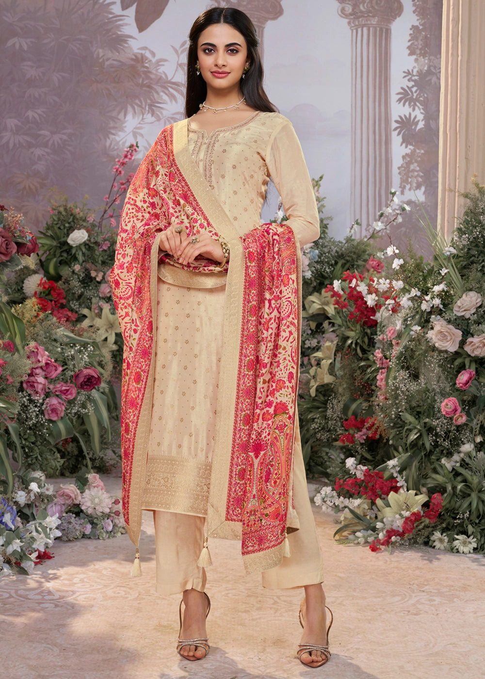 Beige Brown Embroidered Dola Silk Kurta and Pant Set with Jacquard Accents