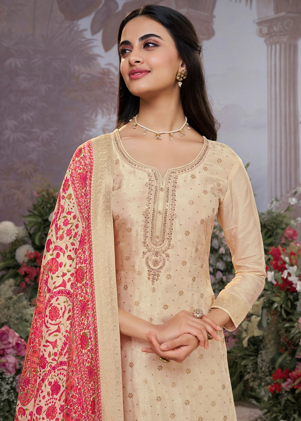 Beige Brown Embroidered Dola Silk Kurta and Pant Set with Jacquard Accents