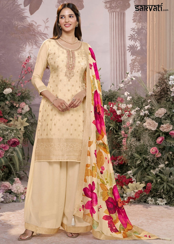 Off White Palazzo Suit with Jacquard Border & Embroidery