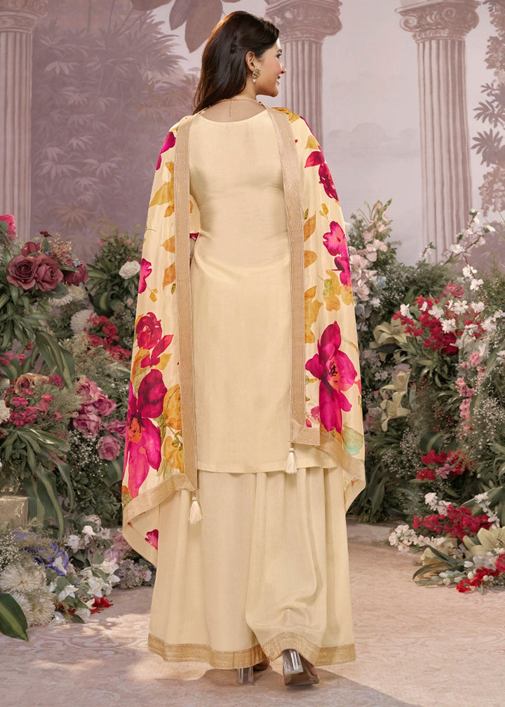 Off White Palazzo Suit with Jacquard Border & Embroidery