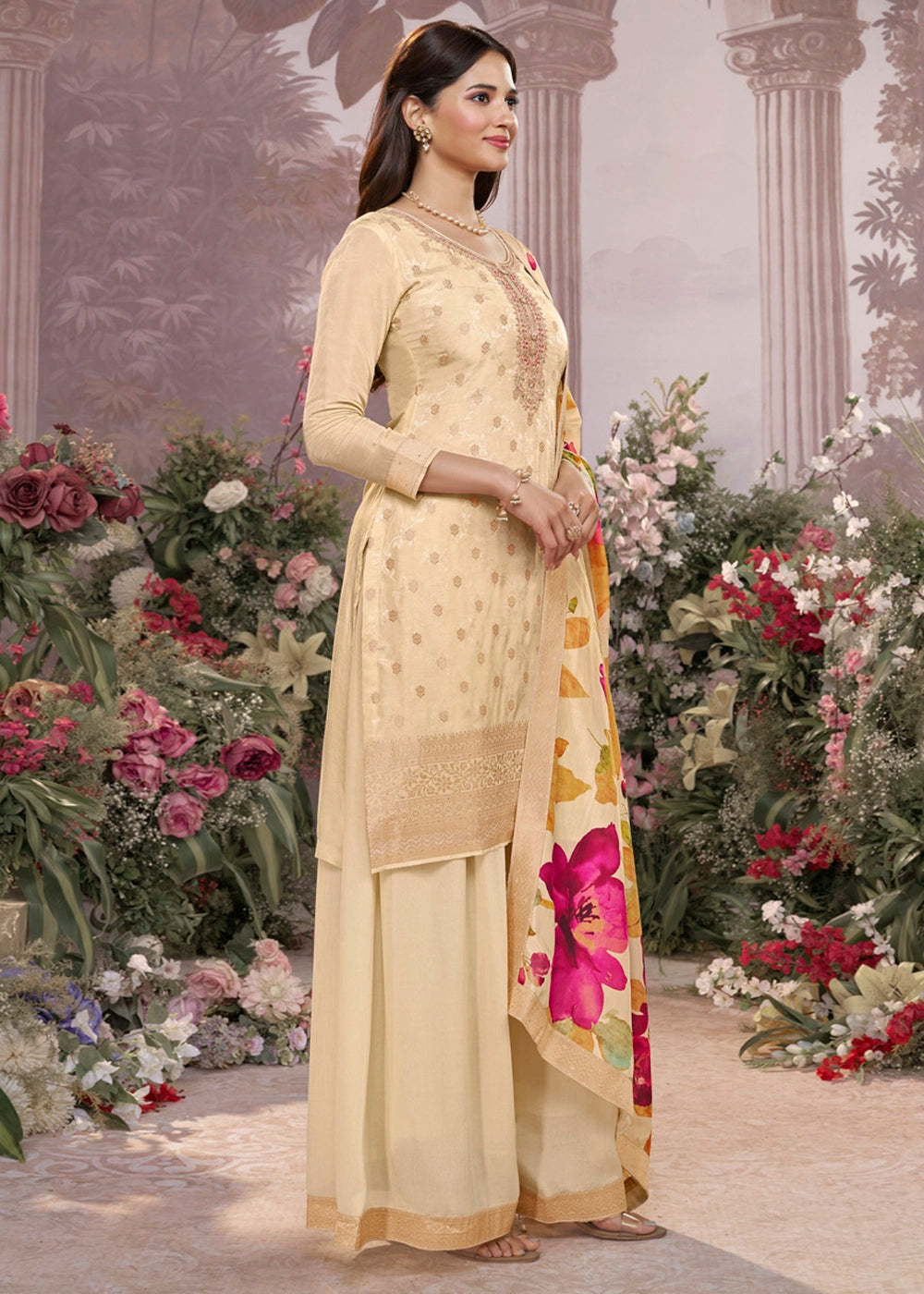 Off White Palazzo Suit with Jacquard Border & Embroidery