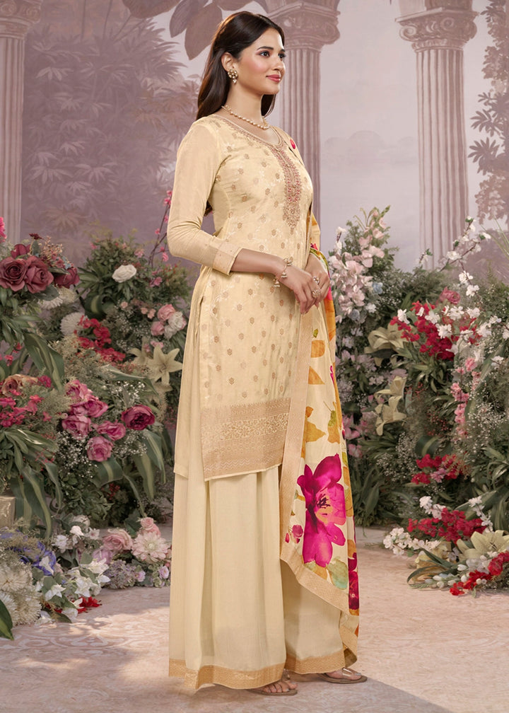 Off White Palazzo Suit with Jacquard Border & Embroidery