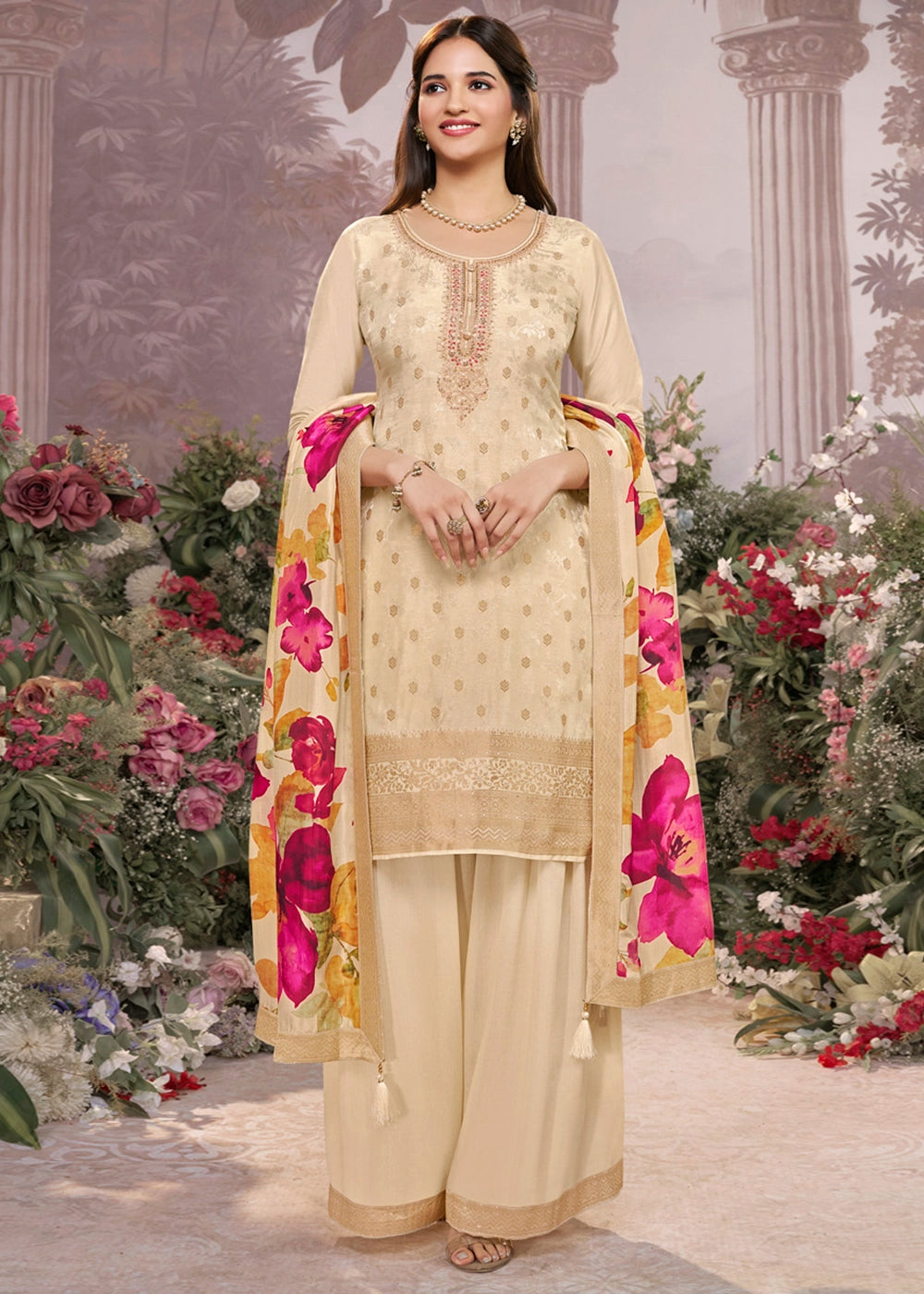 Off White Palazzo Suit with Jacquard Border & Embroidery