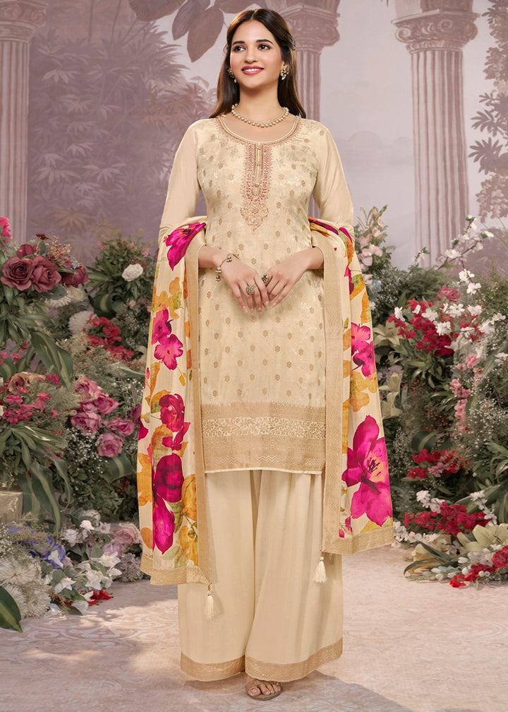 Off White Palazzo Suit with Jacquard Border & Embroidery