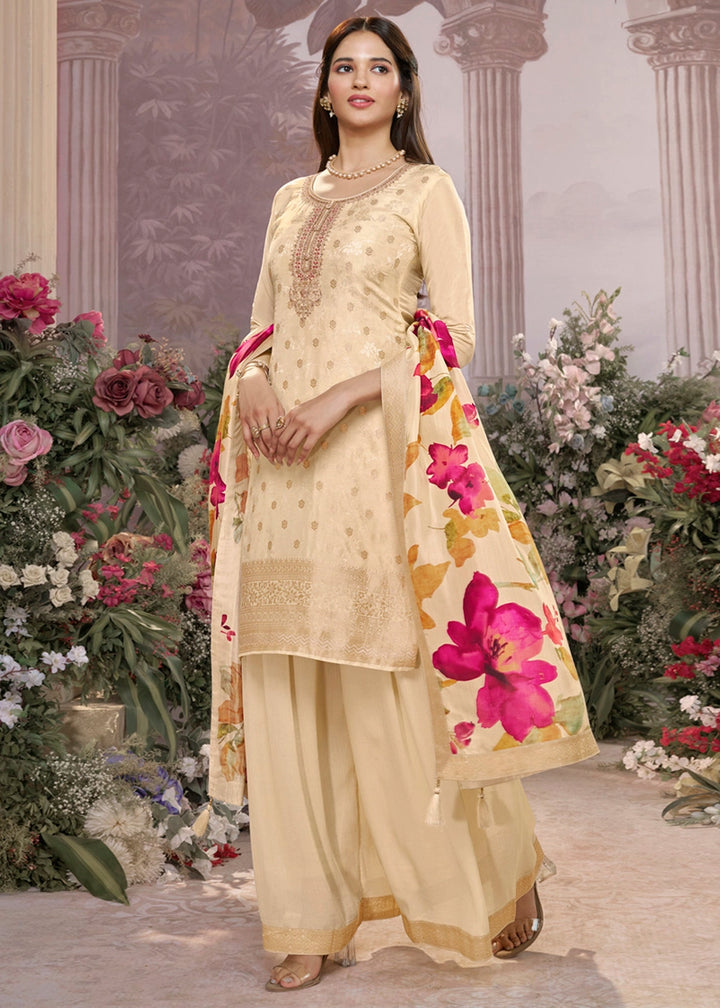 Off White Palazzo Suit with Jacquard Border & Embroidery