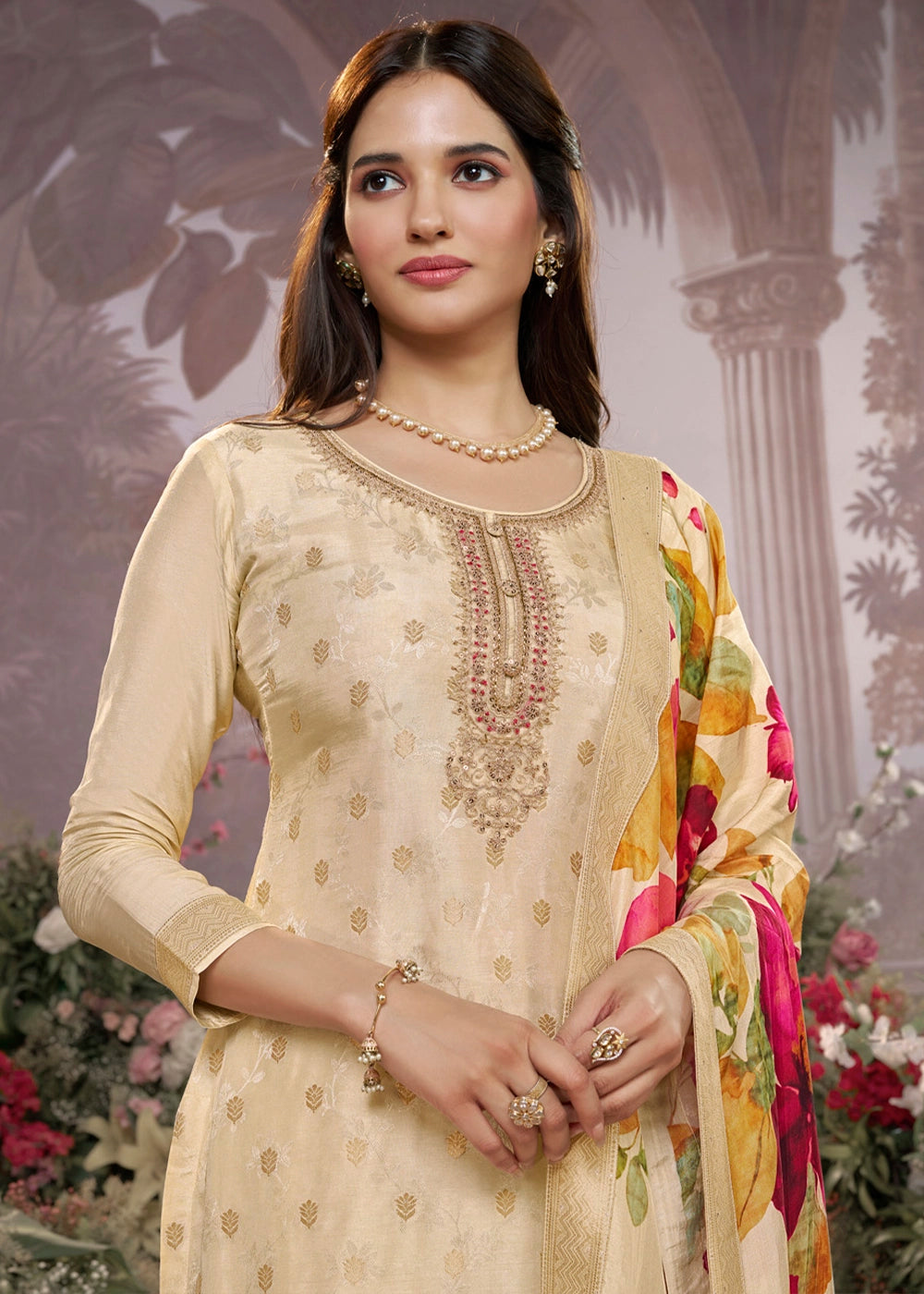 Off White Palazzo Suit with Jacquard Border & Embroidery