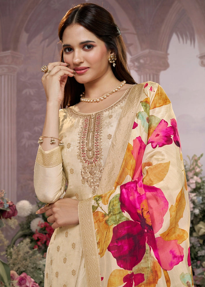 Off White Palazzo Suit with Jacquard Border & Embroidery