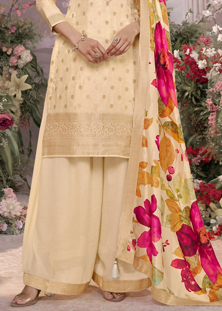 Off White Palazzo Suit with Jacquard Border & Embroidery