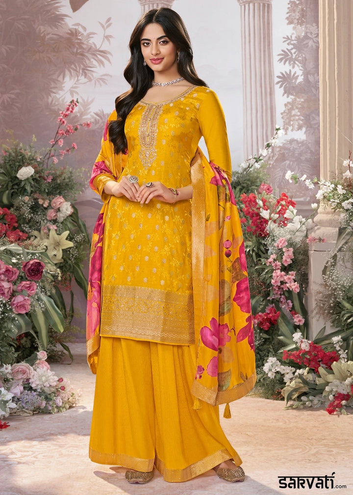 Mustard Yellow Palazzo Suit in Dola Silk with Jacquard & Embroidery