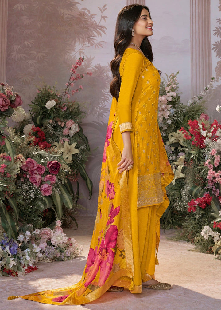 Mustard Yellow Palazzo Suit in Dola Silk with Jacquard & Embroidery