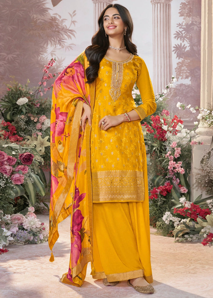 Mustard Yellow Palazzo Suit in Dola Silk with Jacquard & Embroidery