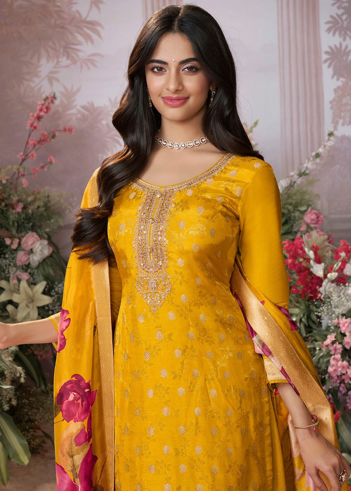 Mustard Yellow Palazzo Suit in Dola Silk with Jacquard & Embroidery