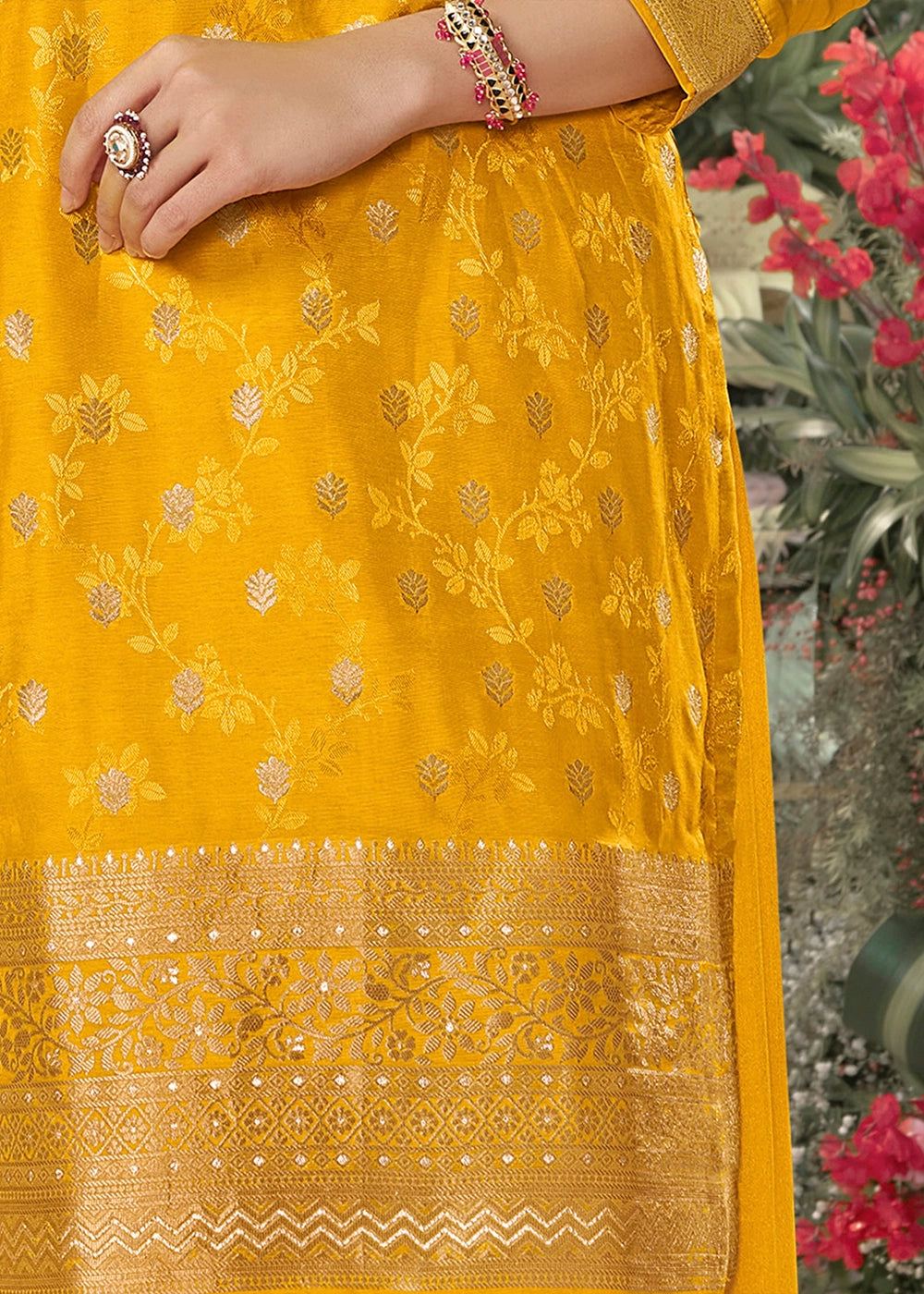 Mustard Yellow Palazzo Suit in Dola Silk with Jacquard & Embroidery