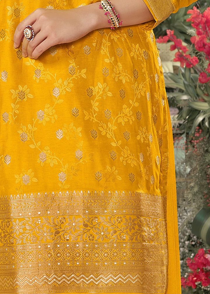Mustard Yellow Palazzo Suit in Dola Silk with Jacquard & Embroidery