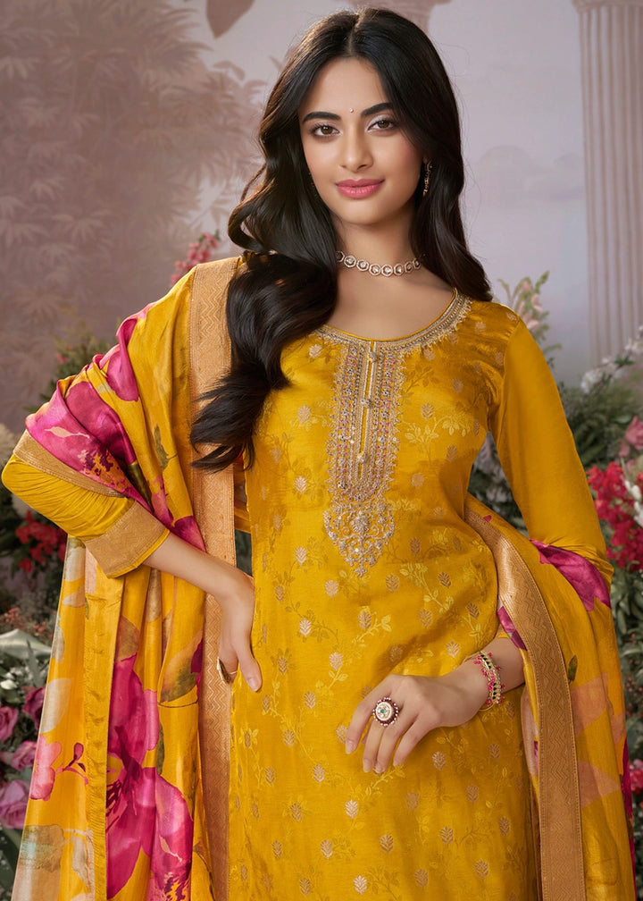 Mustard Yellow Palazzo Suit in Dola Silk with Jacquard & Embroidery