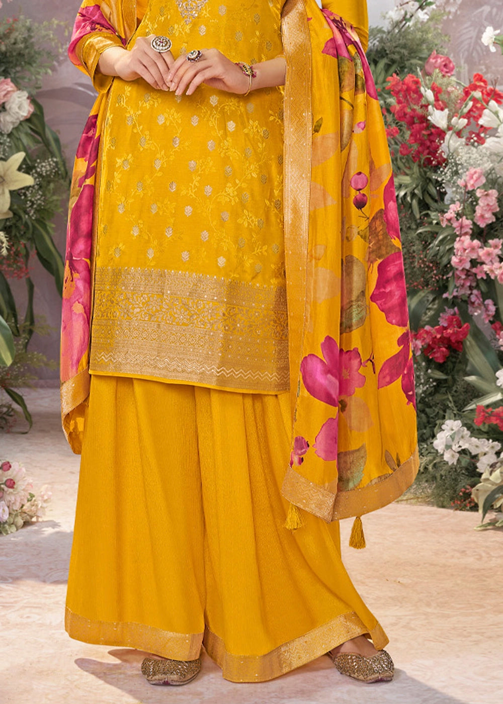Mustard Yellow Palazzo Suit in Dola Silk with Jacquard & Embroidery