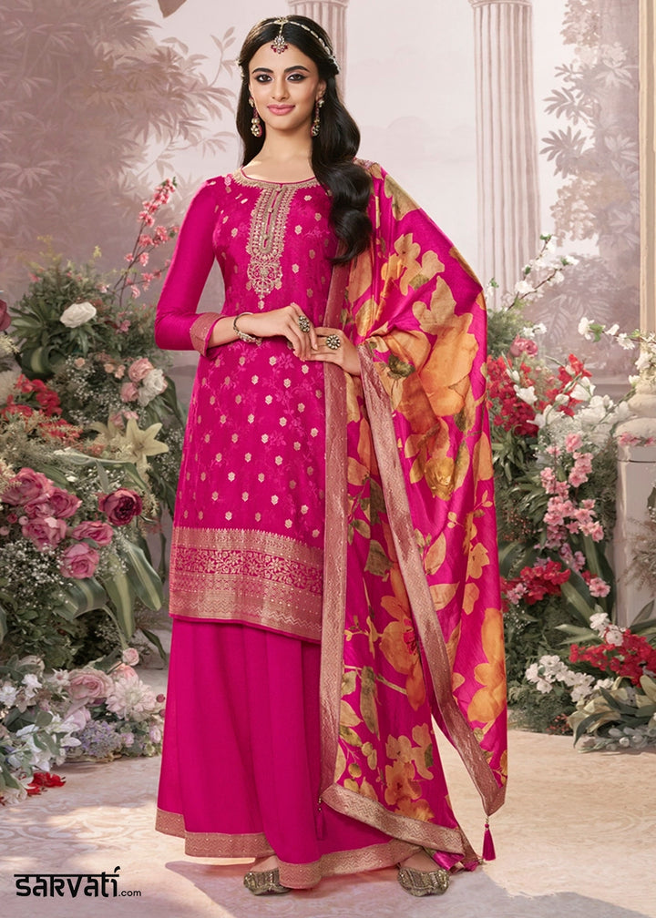 Hot Pink Palazzo Suit in Dola Silk with Jacquard & Embroidery
