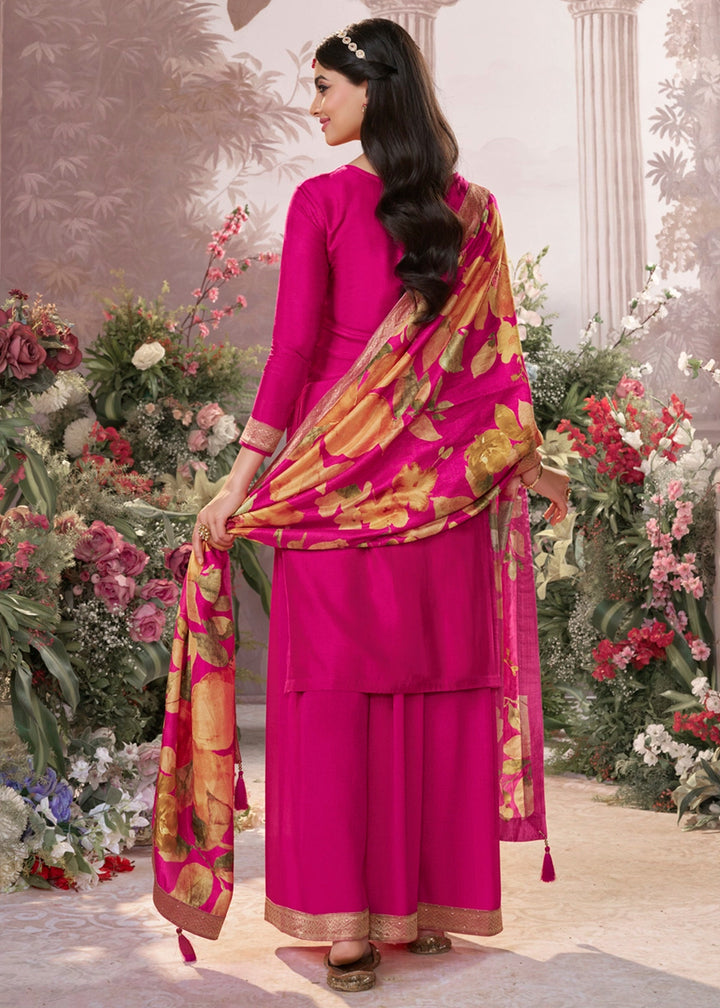 Hot Pink Palazzo Suit in Dola Silk with Jacquard & Embroidery