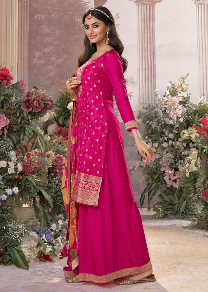 Hot Pink Palazzo Suit in Dola Silk with Jacquard & Embroidery