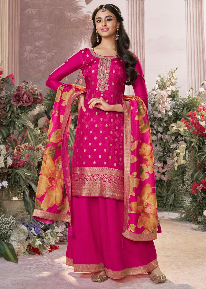 Hot Pink Palazzo Suit in Dola Silk with Jacquard & Embroidery