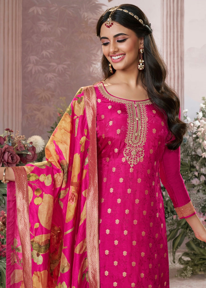 Hot Pink Palazzo Suit in Dola Silk with Jacquard & Embroidery