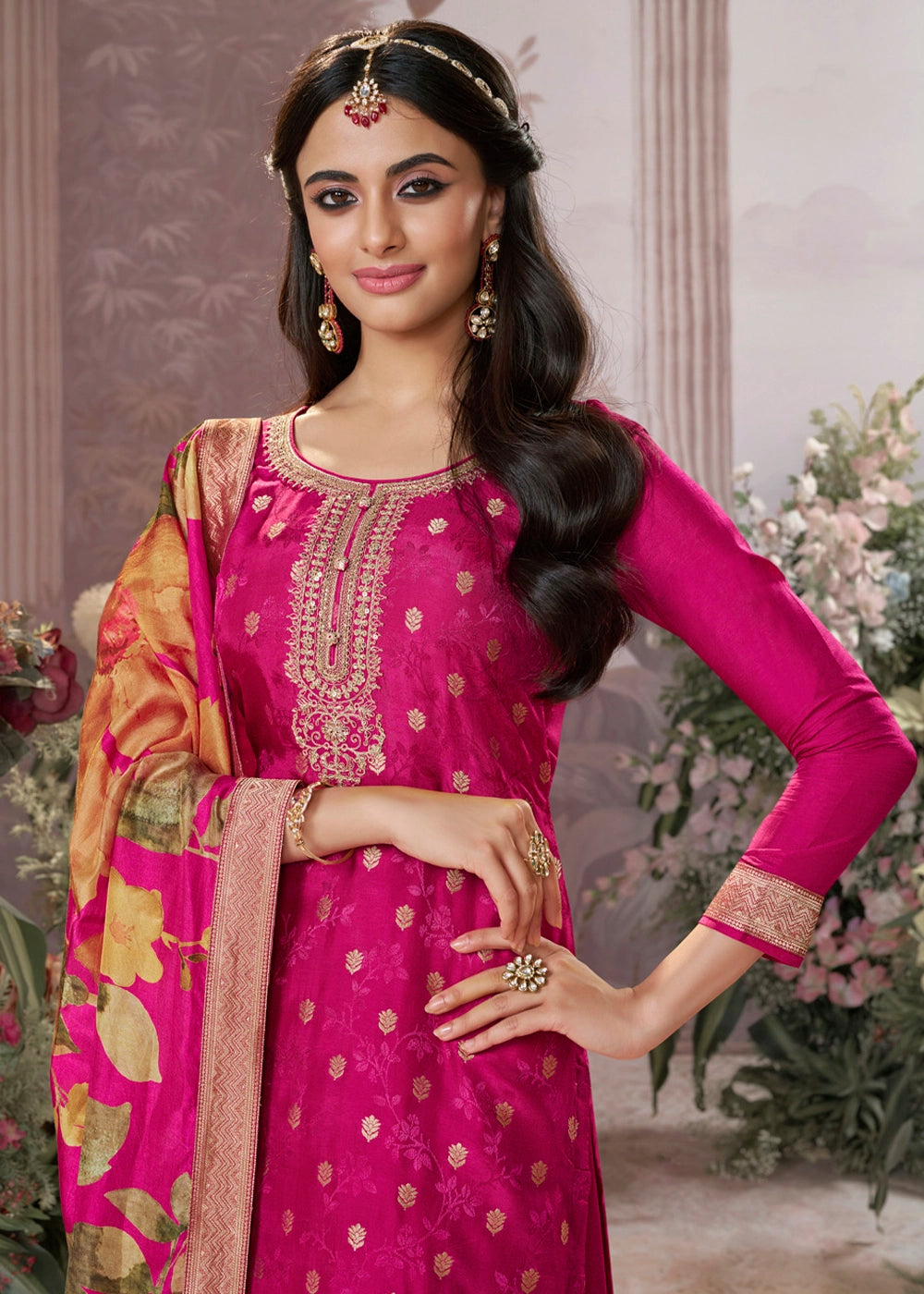 Hot Pink Palazzo Suit in Dola Silk with Jacquard & Embroidery