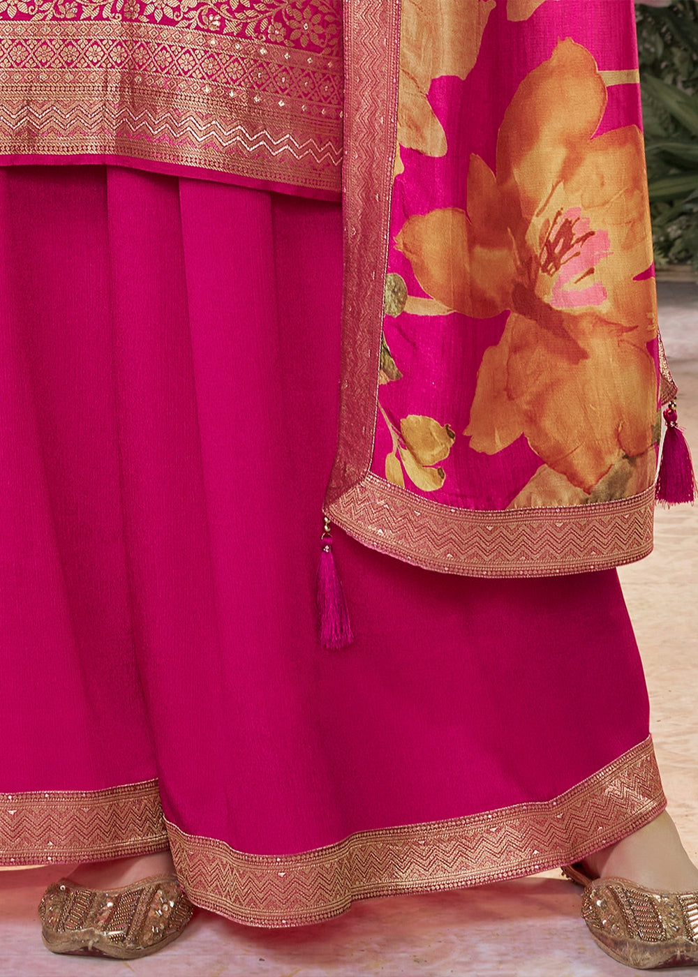 Hot Pink Palazzo Suit in Dola Silk with Jacquard & Embroidery