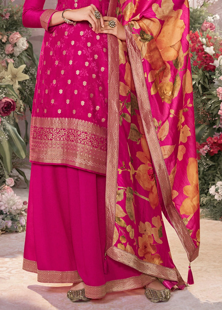 Hot Pink Palazzo Suit in Dola Silk with Jacquard & Embroidery