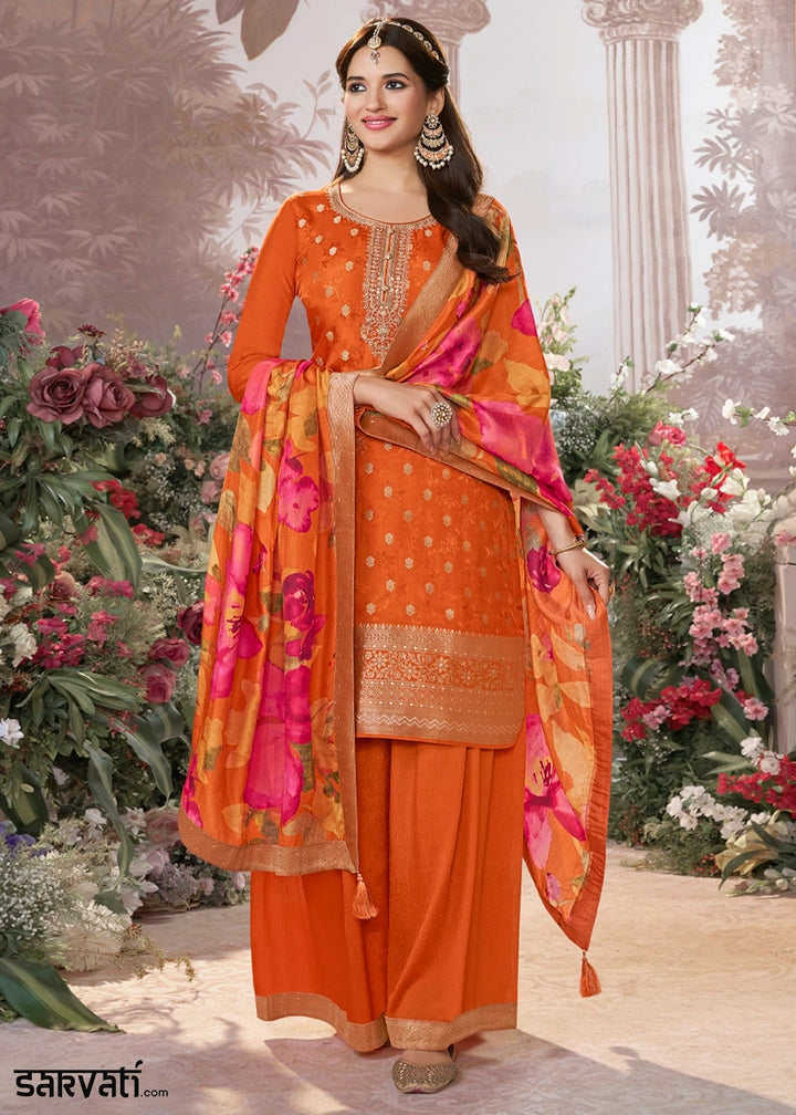 Tiger Orange Palazzo Suit in Dola Silk with Jacquard & Embroidery