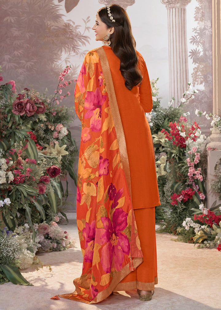 Tiger Orange Palazzo Suit in Dola Silk with Jacquard & Embroidery