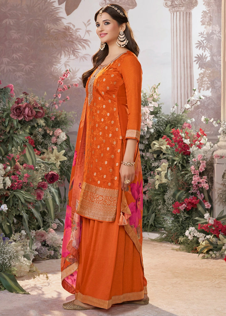 Tiger Orange Palazzo Suit in Dola Silk with Jacquard & Embroidery