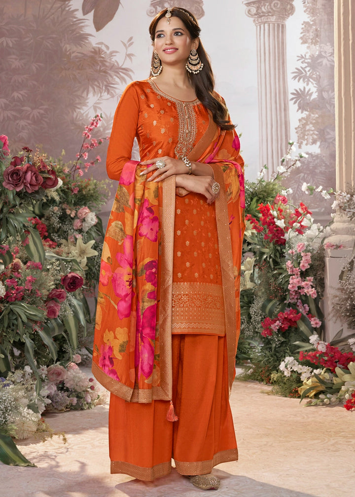 Tiger Orange Palazzo Suit in Dola Silk with Jacquard & Embroidery