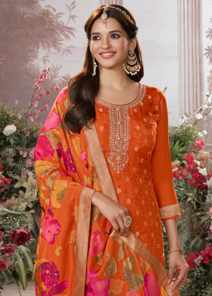 Tiger Orange Palazzo Suit in Dola Silk with Jacquard & Embroidery