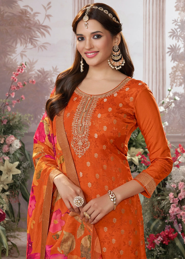Tiger Orange Palazzo Suit in Dola Silk with Jacquard & Embroidery