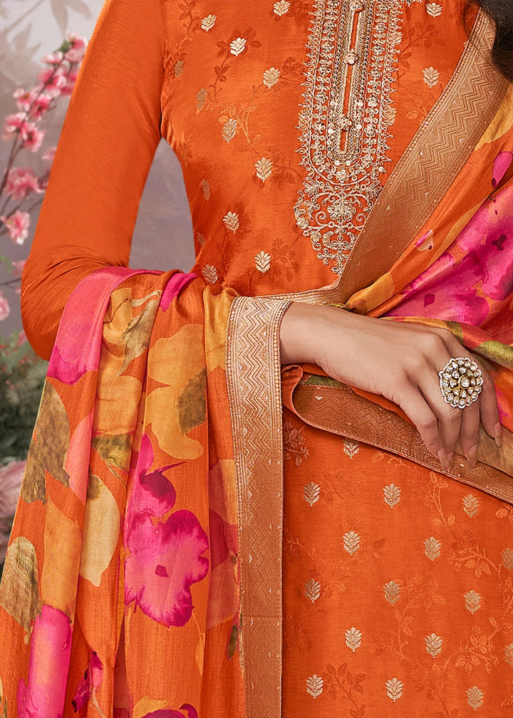 Tiger Orange Palazzo Suit in Dola Silk with Jacquard & Embroidery