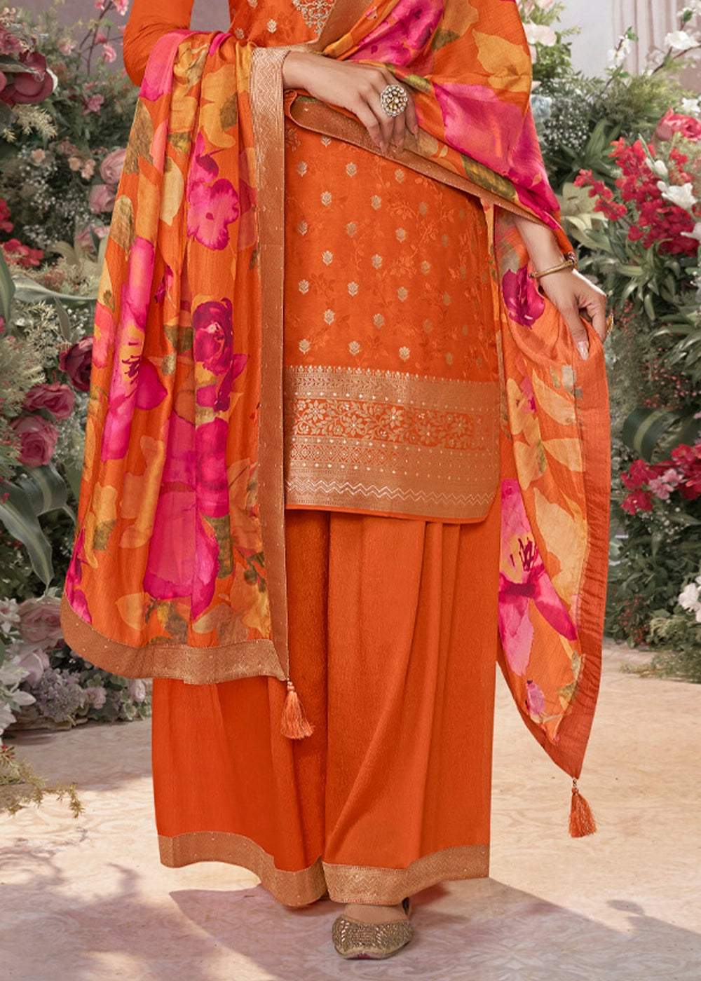 Tiger Orange Palazzo Suit in Dola Silk with Jacquard & Embroidery