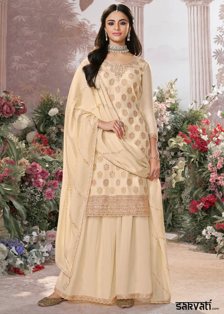Cream White Dola Silk Sharara Suit with Embroidery & Jacquard Work
