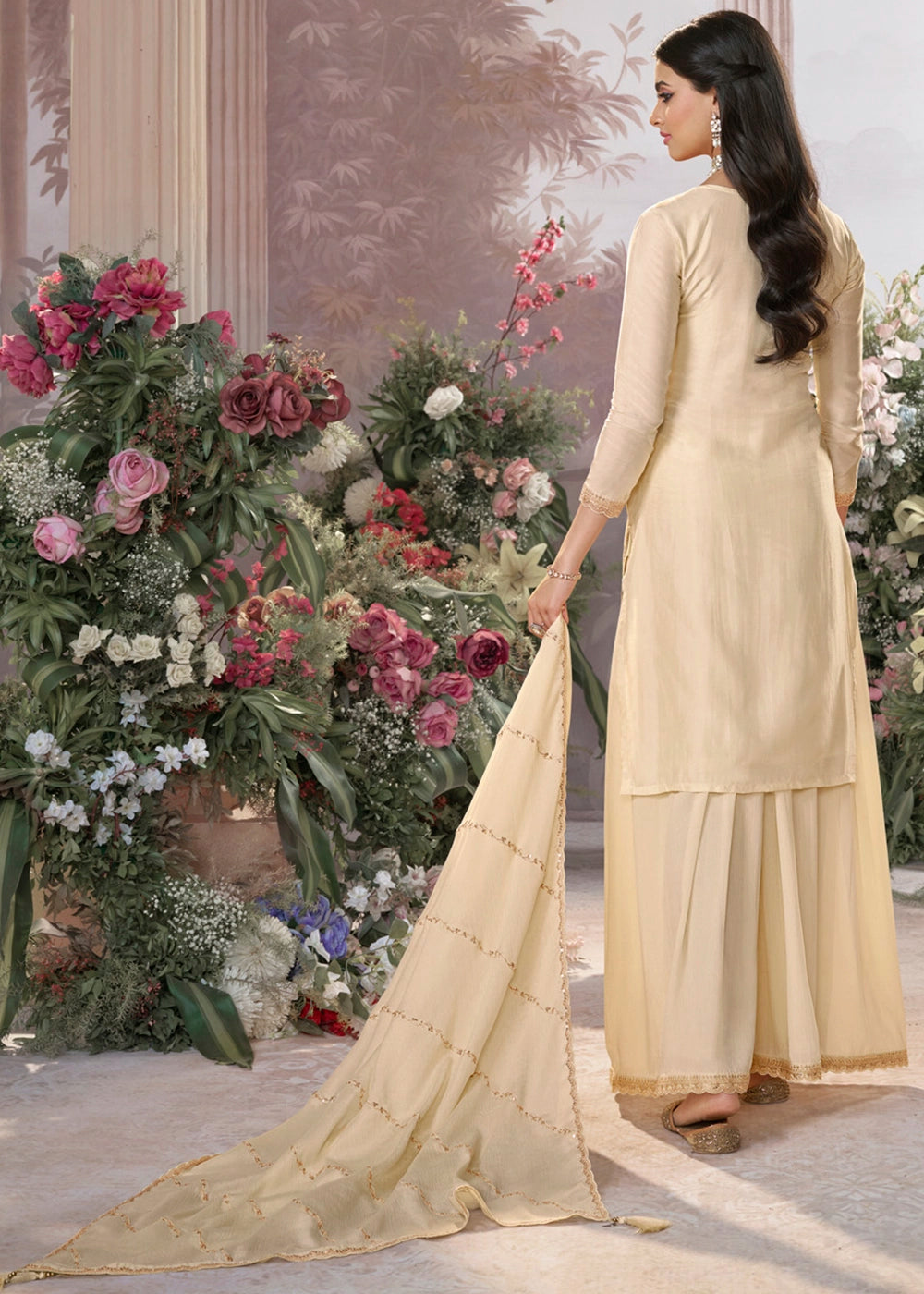 Cream White Dola Silk Sharara Suit with Embroidery & Jacquard Work