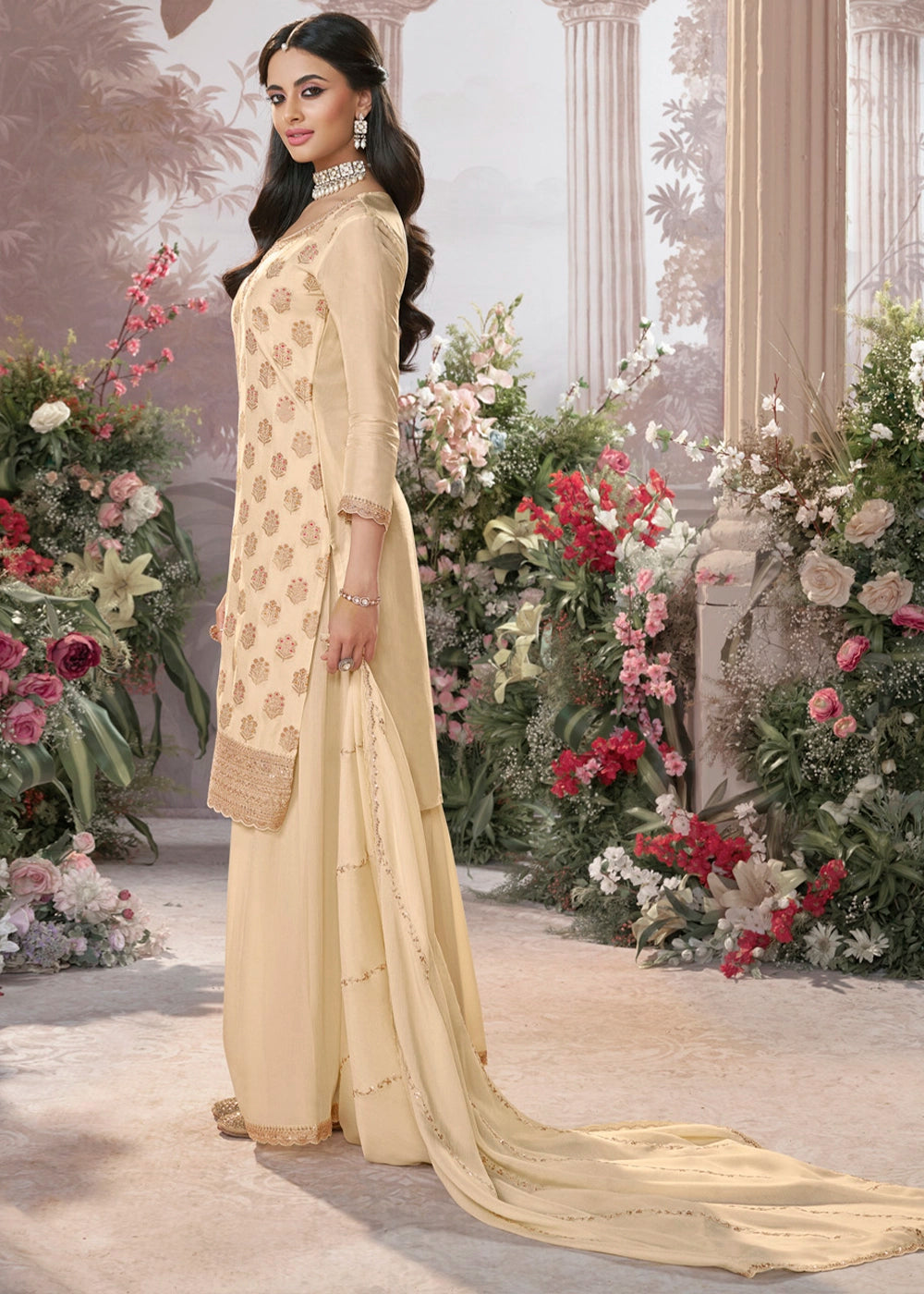 Cream White Dola Silk Sharara Suit with Embroidery & Jacquard Work