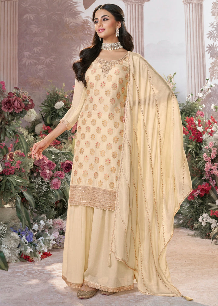 Cream White Dola Silk Sharara Suit with Embroidery & Jacquard Work