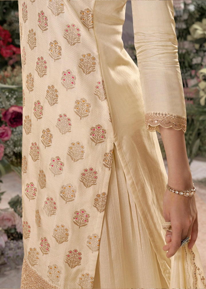 Cream White Dola Silk Sharara Suit with Embroidery & Jacquard Work