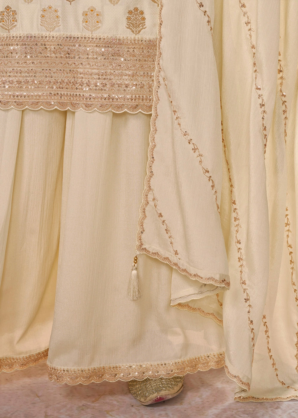 Cream White Dola Silk Sharara Suit with Embroidery & Jacquard Work