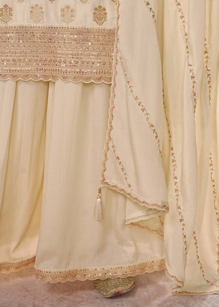 Cream White Dola Silk Sharara Suit with Embroidery & Jacquard Work