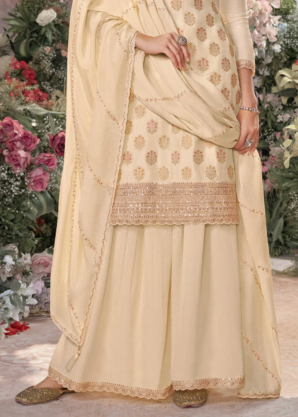 Cream White Dola Silk Sharara Suit with Embroidery & Jacquard Work
