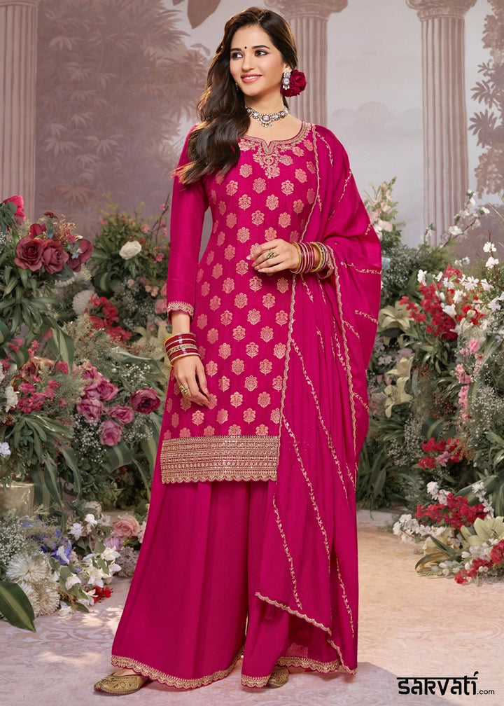 Magenta Pink Dola Silk Sharara Suit with Embroidery & Jacquard Work