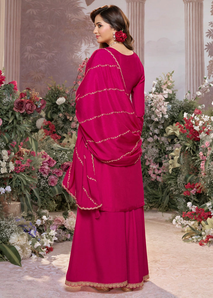 Magenta Pink Dola Silk Sharara Suit with Embroidery & Jacquard Work
