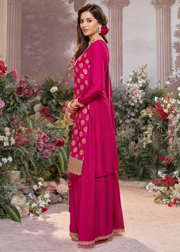 Magenta Pink Dola Silk Sharara Suit with Embroidery & Jacquard Work