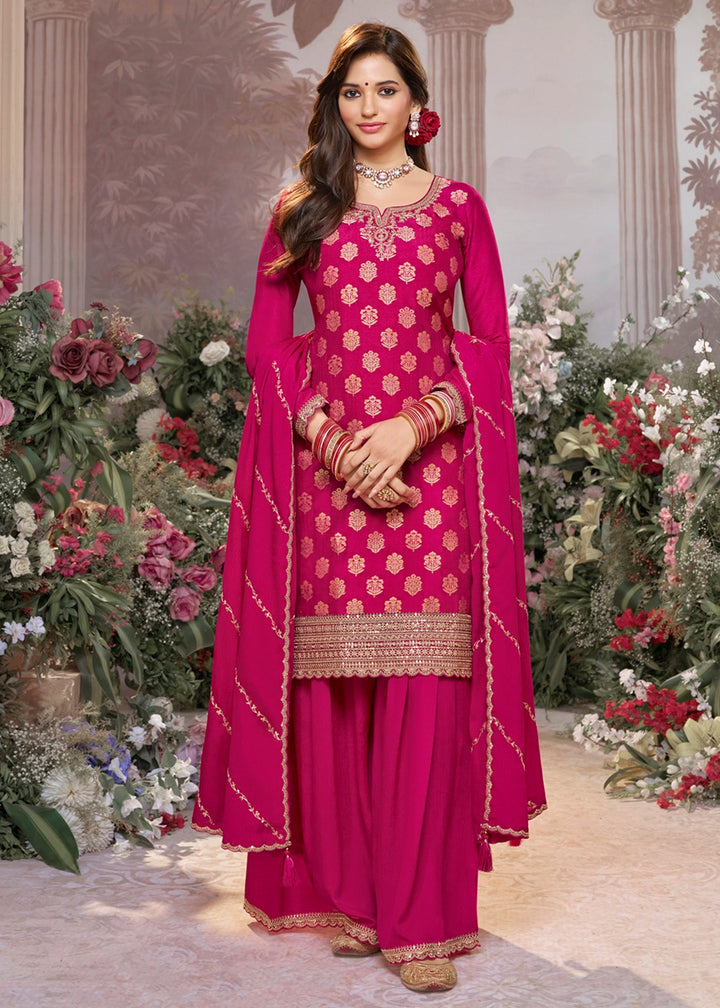 Magenta Pink Dola Silk Sharara Suit with Embroidery & Jacquard Work