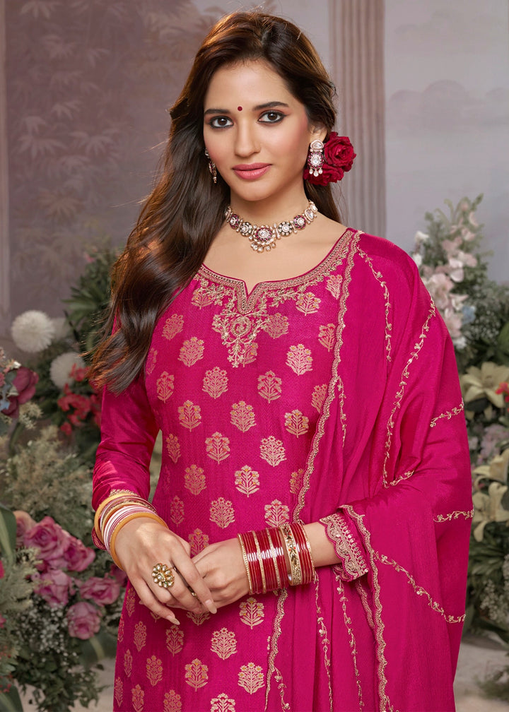Magenta Pink Dola Silk Sharara Suit with Embroidery & Jacquard Work